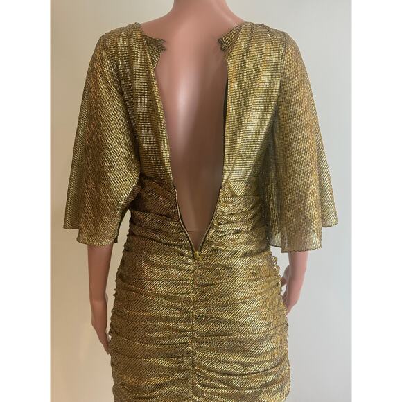 Shona Joy Cleo Circle Sleeve Ruched Mini Dress Womens 8 Gold Metallic Crepe - Picture 7 of 16